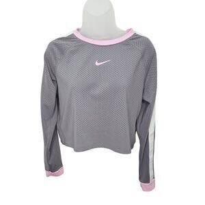 Nike Dri Fit Cropped Mesh Top Womens Gray Pink Athleisure Y2K Gym Workout Swoosh